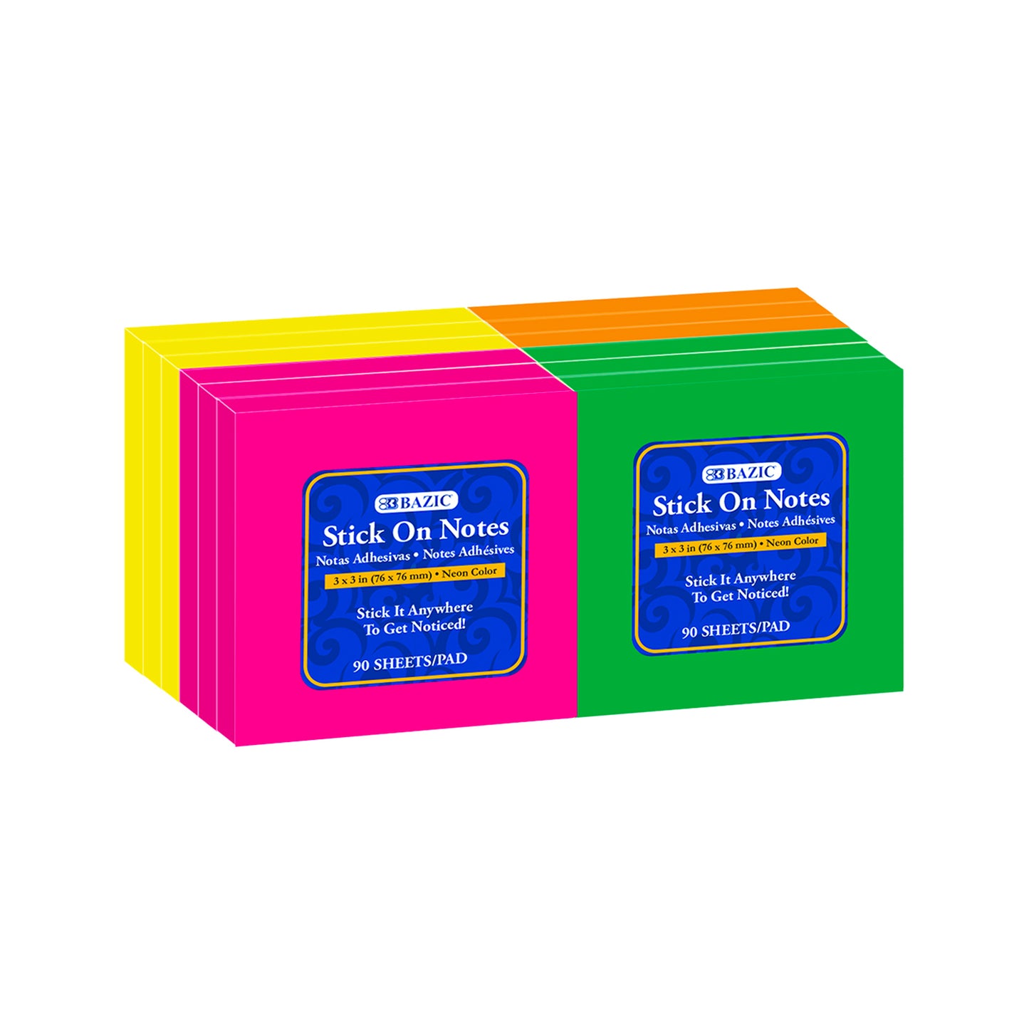 Bazic 3" x 3" Self Stick Notes, Neon