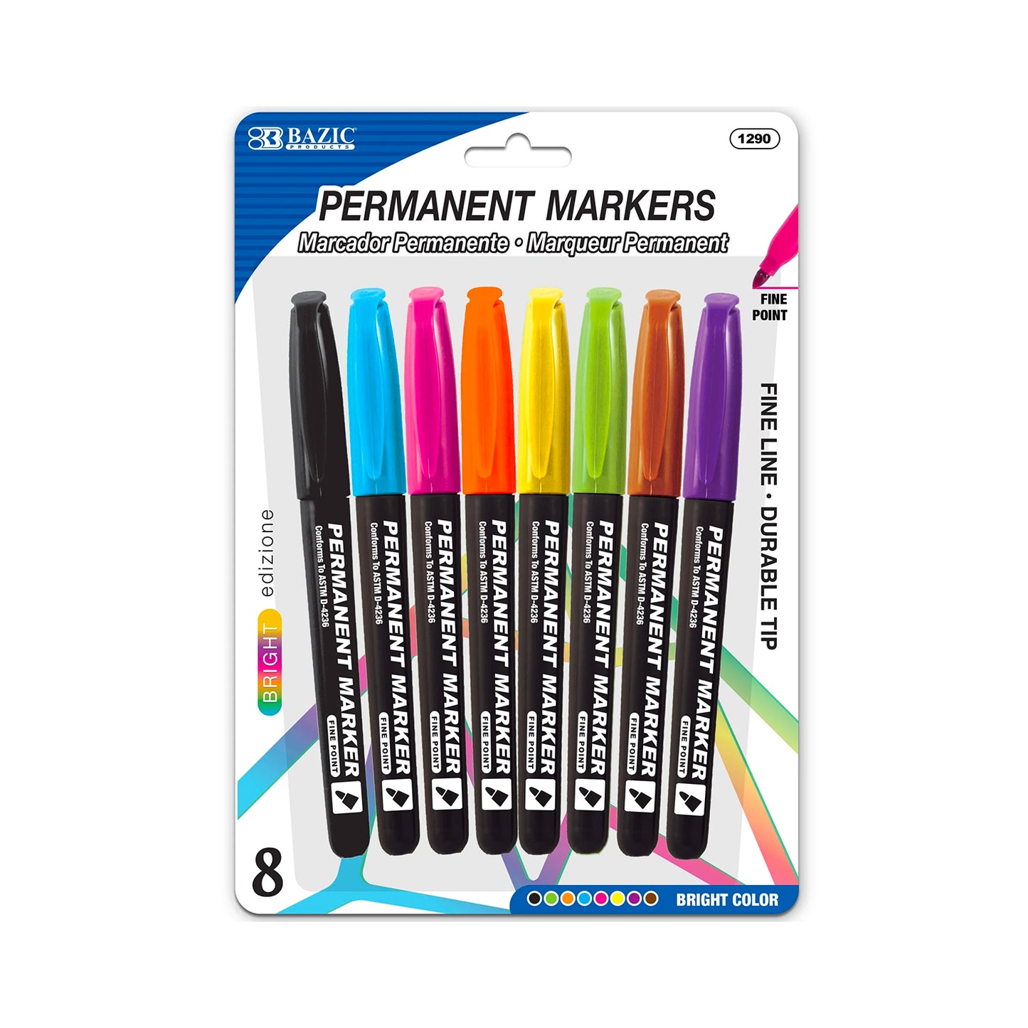 Bazic Permanent Marker, Fine Tip - 8 Bright Assorted