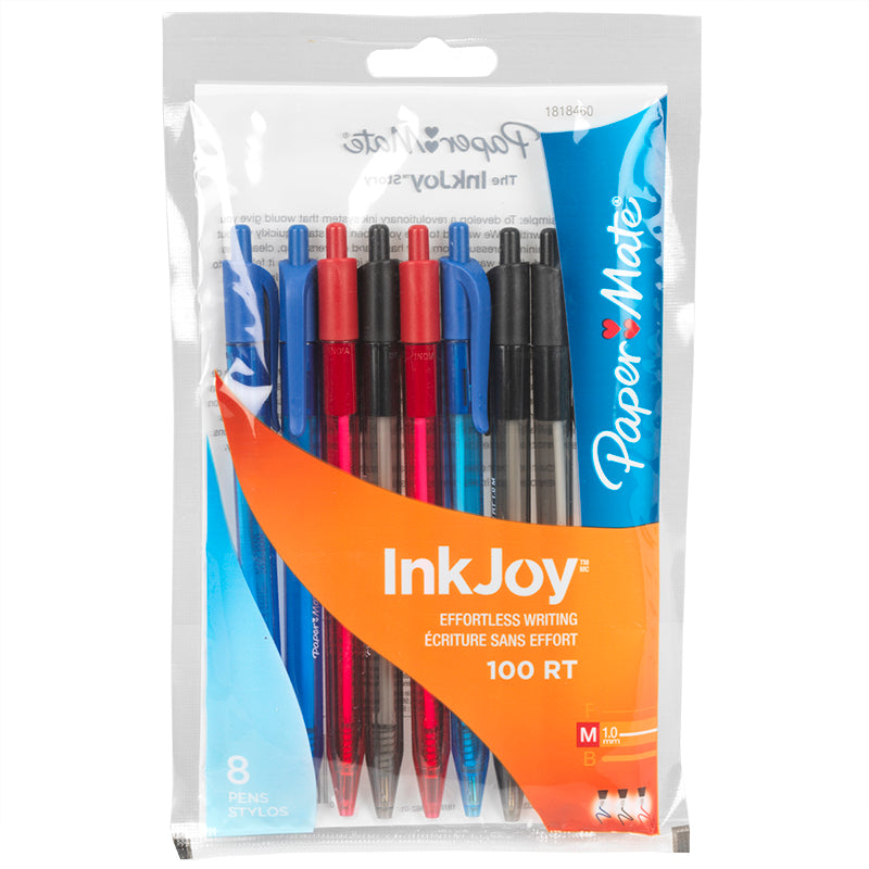 Paper Mate Inkjoy 100 RT Retractable Pen Medium Assorted 8 Pack paper-mate-inkjoy-100-rt-retractable-pen-medium-assorted-8-pack