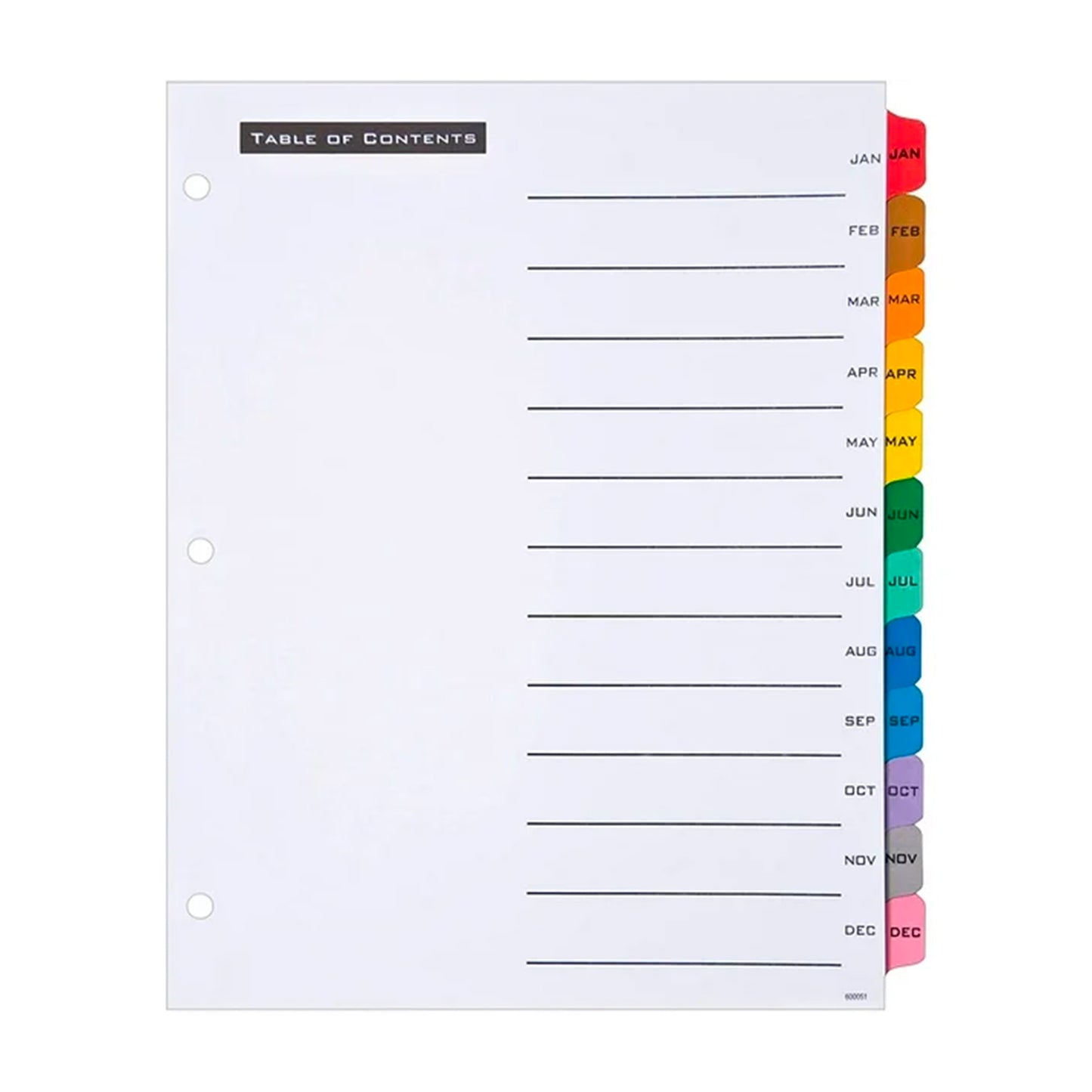 Jan.-Dec. Index Dividers For 3 Ring Binder - Assorted Colours