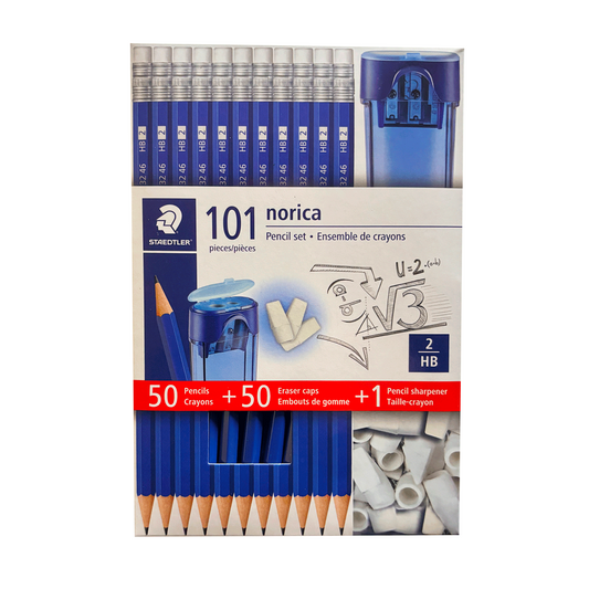 Staedtler 101 Pack - 50 Pencils #2 HB, 50 Eraser Tops, 1 Double-Hole Sharpener