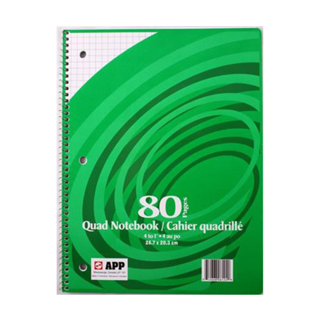 8” x 10.5” Quad Ruled, Coiled Exercise Book – 80 Pages