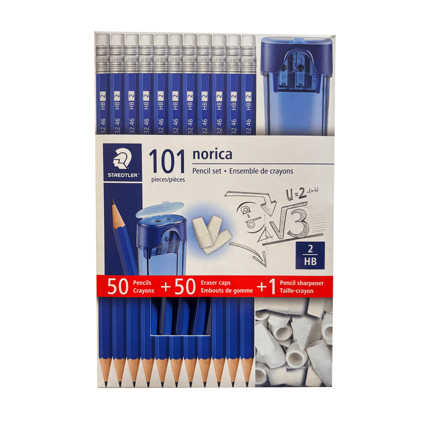Staedtler 101 Pack - 50 Pencils #2 HB, 50 Eraser Tops, 1 Double-Hole Sharpener