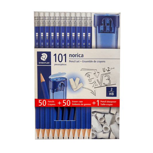 Staedtler 101 Pack - 50 Pencils #2 HB, 50 Eraser Tops, 1 Double-Hole Sharpener